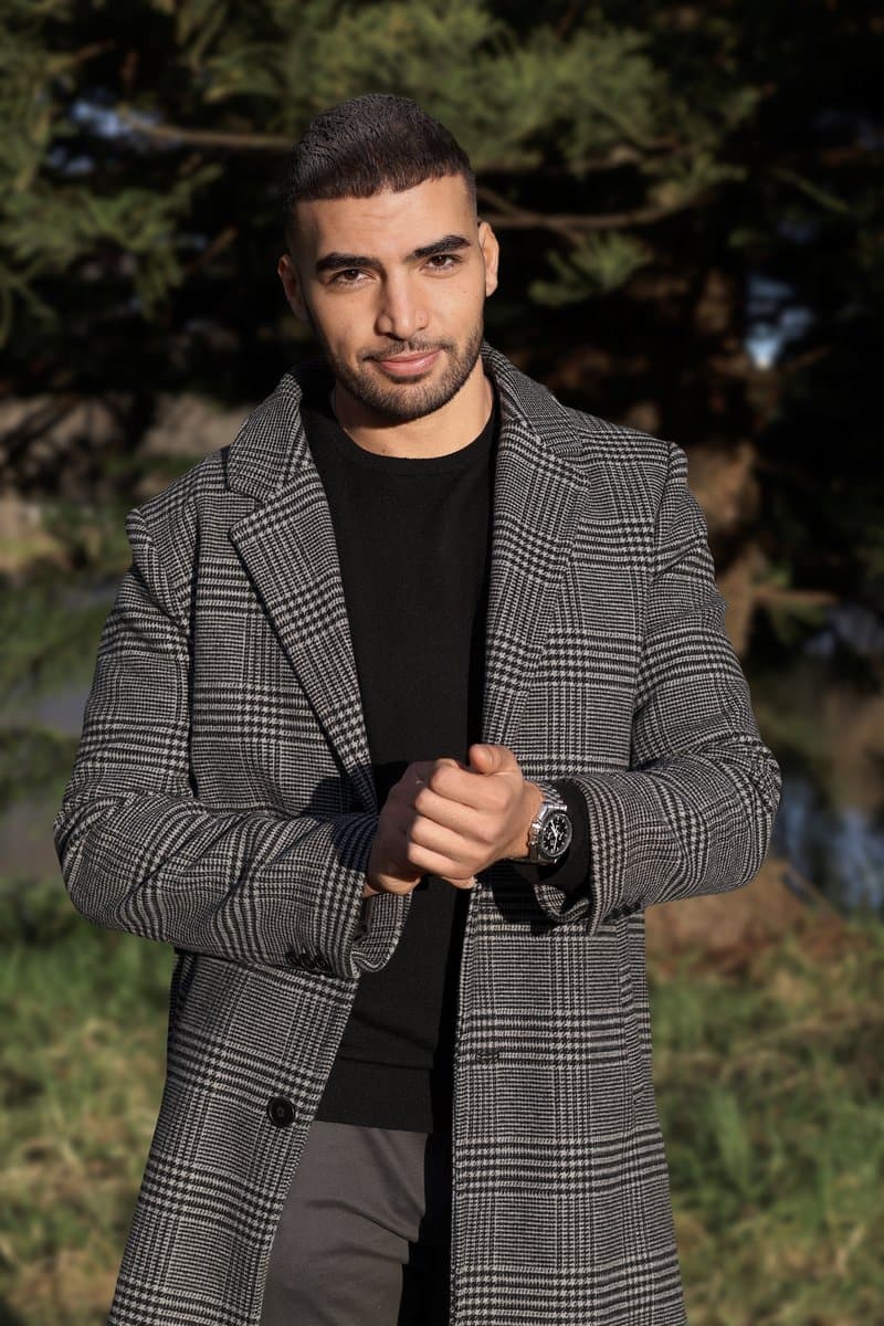 After: outdoor portrait in plaid coat